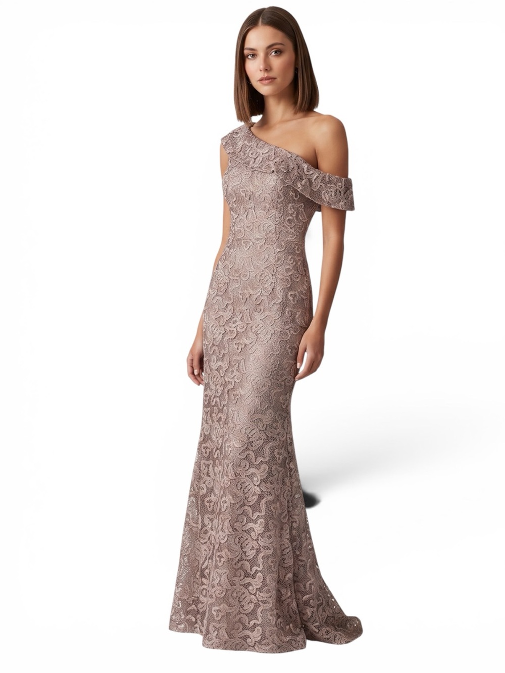 Jovani 09776A One-Shoulder Lace Sequin Mermaid Gown Café Champagne Size 14 NWT